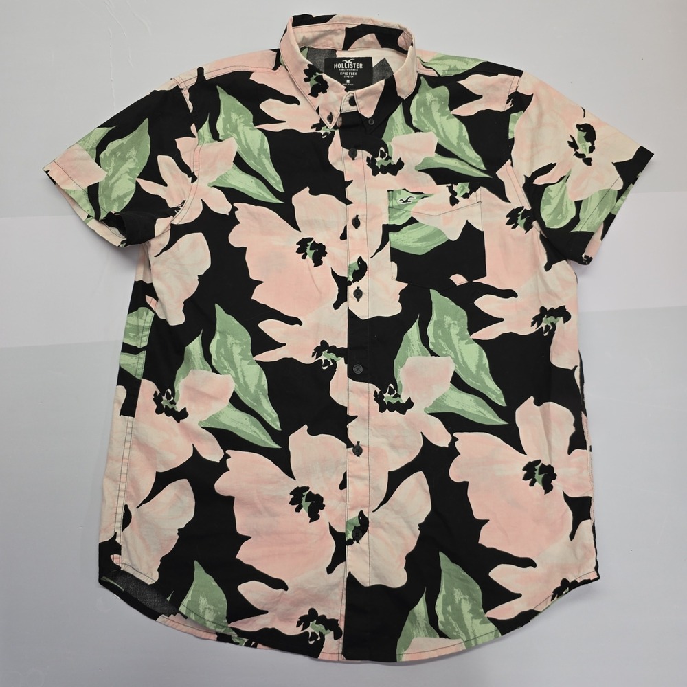 Hollister Epic Flex Mens Medium Short Sleeve Floral Button Down Shirt Black Pink